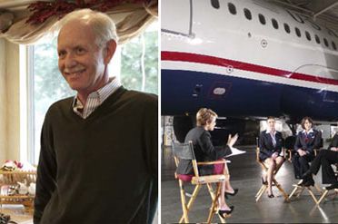 Photograph at left of Katie Couric and Captain Chesley Sullenberger by Sam Painter/CBS News; photograph at right of Couric interviewing the Flight 1549 crew by Aaron Tomlinson/CBS News